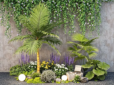 Colorful Flowers and Palm Plants with Stone Wall Wooden Crate and Small Lights 3d model