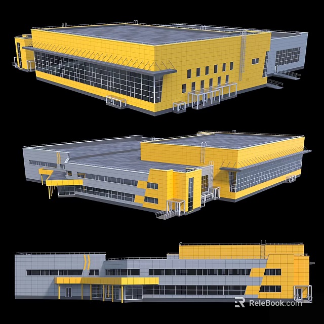 Modern School Building Exterior Design With Yellow Gray Facade And Large Glass Windows 3d model 
