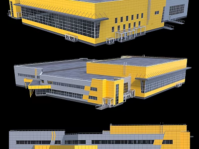 Modern School Building Exterior Design With Yellow Gray Facade And Large Glass Windows 3d model