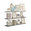Cute Decorative Ornament Set with Plush Animals Picture Frames Books Woven Basket on White Shelves