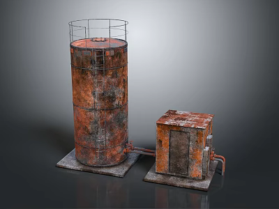 Old Rusty Industrial Metal Tank With Ladder And Connected Control Box 3d model