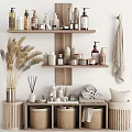 Daily Laundry Essentials On Wooden Shelves With Rolled Towels Aromatherapy Sticks And Storage Baskets