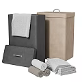 Beige And Black Storage Boxes With Gray Folded Rolled Laundry Towels 3d model