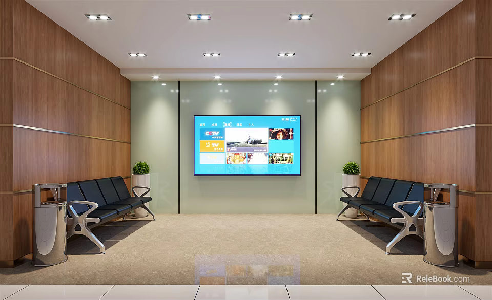 Comfortable Indoor Lounge Area With Wooden Walls Large Screen TV Black Seats And Potted Plants 3d model 