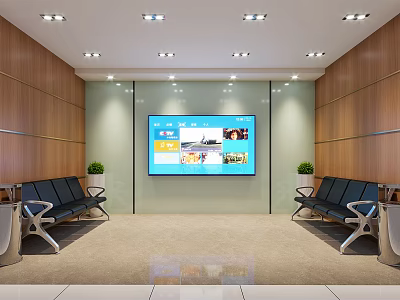 Comfortable Indoor Lounge Area With Wooden Walls Large Screen TV Black Seats And Potted Plants 3d model