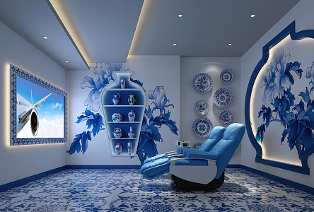 New Chinese-style Video Room Blue and White Porcelain Theme Video Hall 3d model