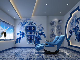 New Chinese-style Video Room Blue and White Porcelain Theme Video Hall 3d model