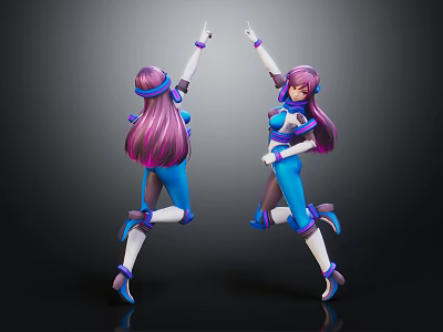 Two Purple Haired Female Characters In Blue Outfits Dancing Joyfully As Anime 3d model