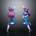Two Purple Haired Female Characters In Blue Outfits Dancing Joyfully As Anime