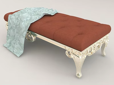 Elegant Red Tufted Upholstered Bench With Light Blue Blanket And Ornate Silver Carved Legs 3d model