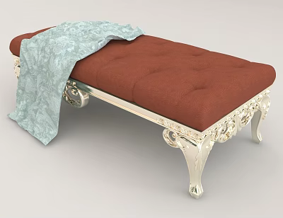 Elegant Red Tufted Upholstered Bench With Light Blue Blanket And Ornate Silver Carved Legs 3d model