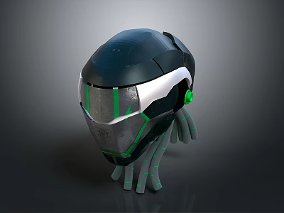 Futuristic Sci Fi Helmet Design With Black Silver Shell Green Accents And Tentacle Base 3d model