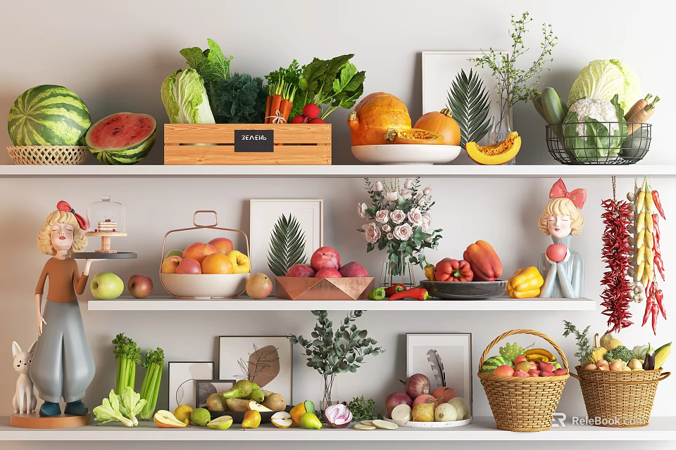 Assorted Fresh Fruits Including Watermelon Apples Oranges Bananas On Wooden Shelves With Baskets 3d model 