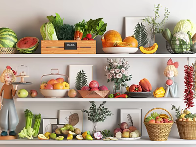 Assorted Fresh Fruits Including Watermelon Apples Oranges Bananas On Wooden Shelves With Baskets 3d model