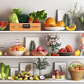 Assorted Fresh Fruits Including Watermelon Apples Oranges Bananas On Wooden Shelves With Baskets
