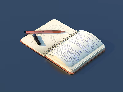 Open Spiral Notebook With Handwritten Notes And Pen On Blue Background 3d model