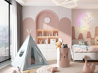 Cozy Kids Room Interior With Tepee Tent Pink Walls Shelves And Stuffed Animals 3d model