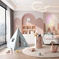 Cozy Kids Room Interior With Tepee Tent Pink Walls Shelves And Stuffed Animals