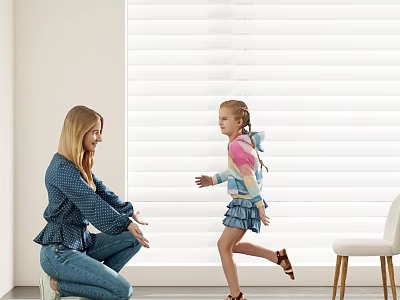 Mother Squatting While Daughter Runs Towards Her in Room with White Blinds and Chair 3d model