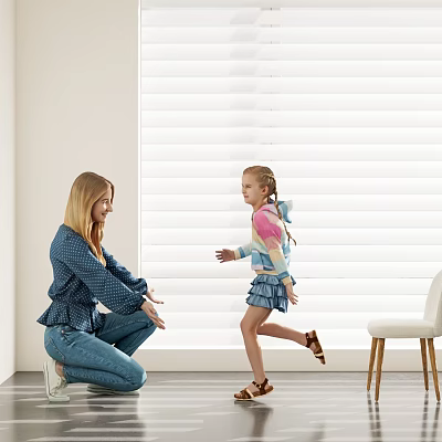 Mother Squatting While Daughter Runs Towards Her in Room with White Blinds and Chair 3d model