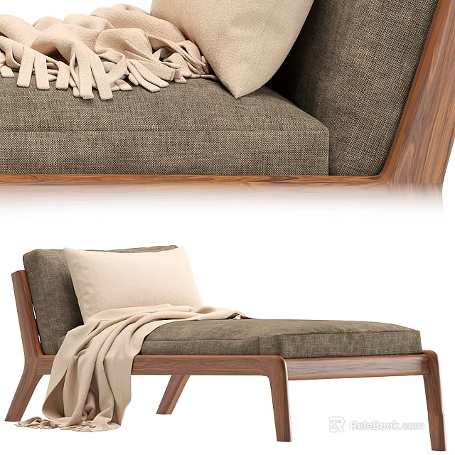 Cozy Sofa Bench With Wooden Frame Beige Cushion And Beige Throw Blanket 3d model 