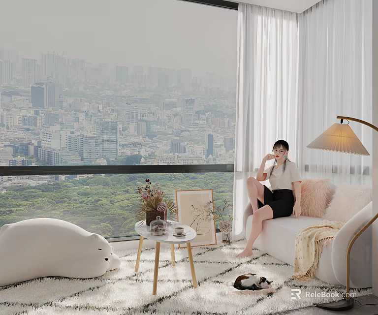 Cozy Home Balcony With City View Floor to Ceiling Windows White Curtains Sofa Plush Cushions 3d model 