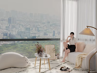 Cozy Home Balcony With City View Floor to Ceiling Windows White Curtains Sofa Plush Cushions 3d model
