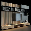 Modern TV Wall Unit with Wooden Slat Background Storage Shelves Books Decorative Items Photo Frames