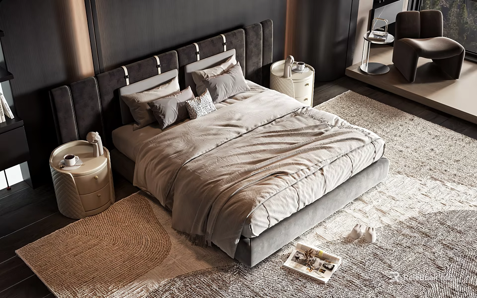 Modern Double Bed With Black Headboard Gray Bedding Nightstands And Neutral Tones Rug 3d model 