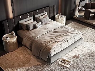 Modern Double Bed With Black Headboard Gray Bedding Nightstands And Neutral Tones Rug 3d model