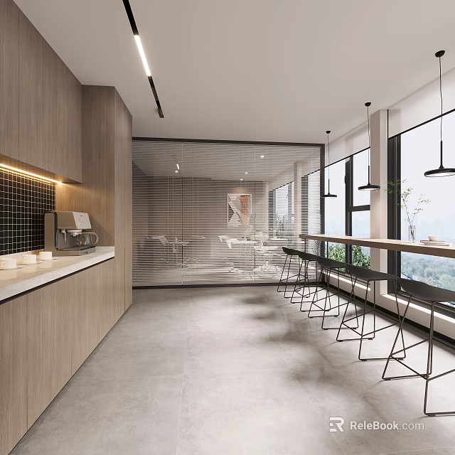 Modern Break Room Interior With Wooden Cabinets Coffee Machine And Bar Stools By Large Windows 3d model 