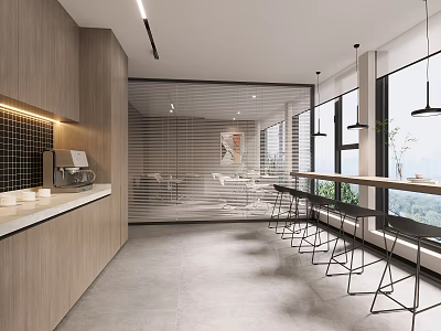 Modern Break Room Interior With Wooden Cabinets Coffee Machine And Bar Stools By Large Windows 3d model