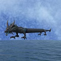 Game Movie Mythical Dragon Character with Dark Scales Horns Blue Glowing Eyes on Water