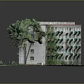 Residential Building Model With Red Roof Green Lawn Trees And Sidewalk