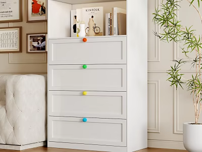 White Chest of Drawers With Colorful Knobs In Living Room Next To Sofa And Plant 3d model
