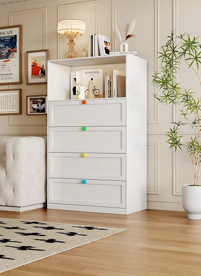 White Chest of Drawers With Colorful Knobs In Living Room Next To Sofa And Plant 3d model