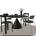 Black Round Dining Table Set With Four Wooden Metal Legged Chairs Vase Flowers Fruit Bowl