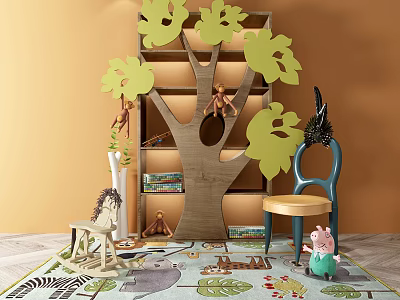 Tree Shaped Bookshelf With Green Leaf Decorations Monkey Dolls Blue Chair And Animal Patterned Rug 3d model