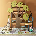 Tree Shaped Bookshelf With Green Leaf Decorations Monkey Dolls Blue Chair And Animal Patterned Rug