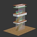 Multi Level Building Structure With Wooden Staircase Layered Platforms Railings And Wooden Floor
