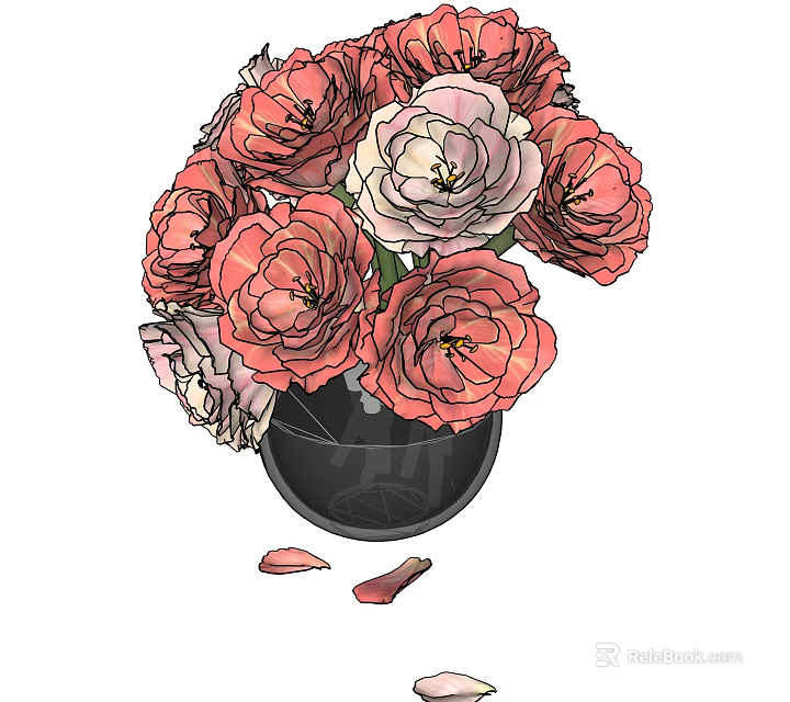 Black Glass Vase With Pink And White Roses And Fallen Petals 3d model 