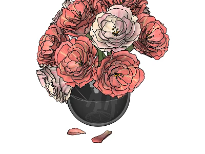Black Glass Vase With Pink And White Roses And Fallen Petals 3d model