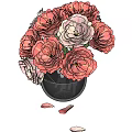Black Glass Vase With Pink And White Roses And Fallen Petals