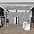 Modern Shop Front Desk With Gray Marble Wall Wooden Bookshelves Green Plants White Marble Countertop