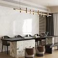 Modern Tea Table And Chairs With Black Countertop Marble Wall Pendant Lights And Brown Stools