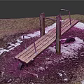 Wooden Outdoor Bench With Metal Handrails On Grass Snow And Dirt Ground