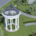 Classical White Pavilion With Columns And Ornate Roof Among Green Trees And Lawn