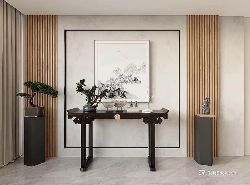 Modern Chinese Entryway Hallway With Dark Console Table Wooden Panels Ink Painting And Potted Plants 3d model 