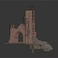 Ancient Brick Ruin Structure Covered With Vines And Arched Openings With Flag 3d model