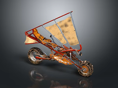 Three Wheeled Off Road Motorcycle With Red Frame Canvas Canopy And Deep Tread Tires 3d model